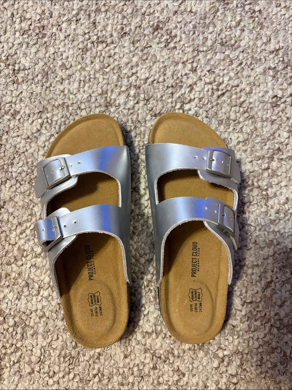 BRAND NEW NEVER WORN Kids' Silver Double Buckle Slide Sandals
